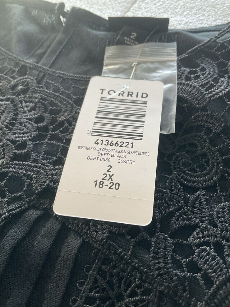 Torrid Black Washable Gauze Crochet Neck 3/4 Sleeve Blouse Size 2X