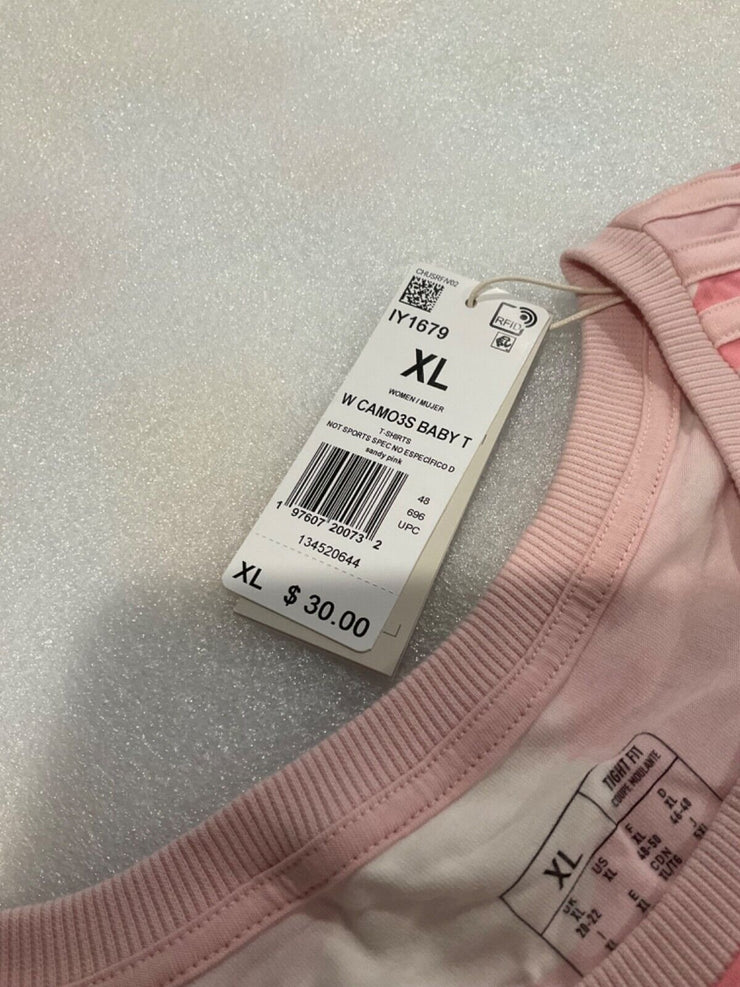 Adidas Women's 3 Stripe Pink Camo Cropped Baby Tee Shirt Size L XL 2XL