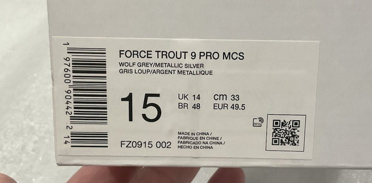 Nike Force Trout 9 Pro MCS Grey White FZ0915-002 Baseball Cleats Size 15