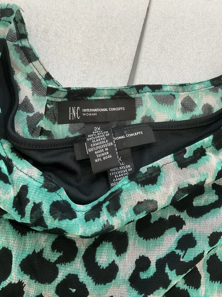INC Women’s Green Teal Leopard Top SIZE 2X